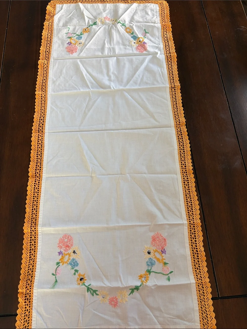 Vintage Hand-Embroidered Floral Table Runner with Orange Crochet Edge